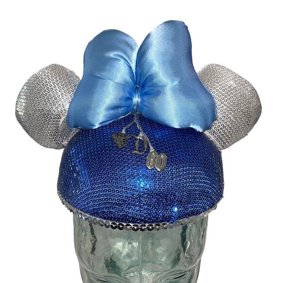 Disney Disneyland 60th Anniversary Blue Sequin And Satin Minnie Mouse Ears - Picture 1 of 3